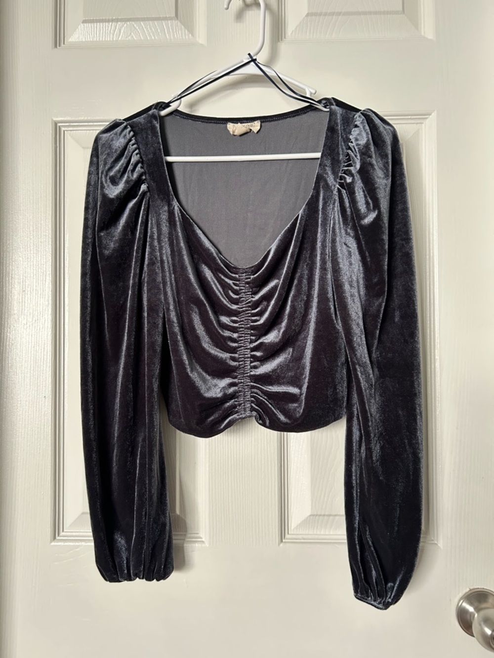 Meraki Blue shimmering Velvet Ruched Blouse